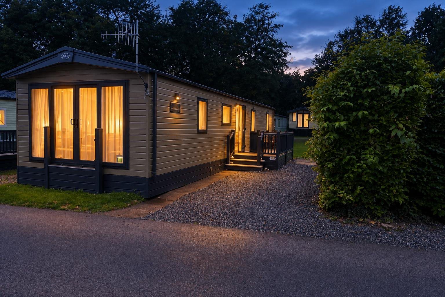 The same caravan at dusk with every window lit