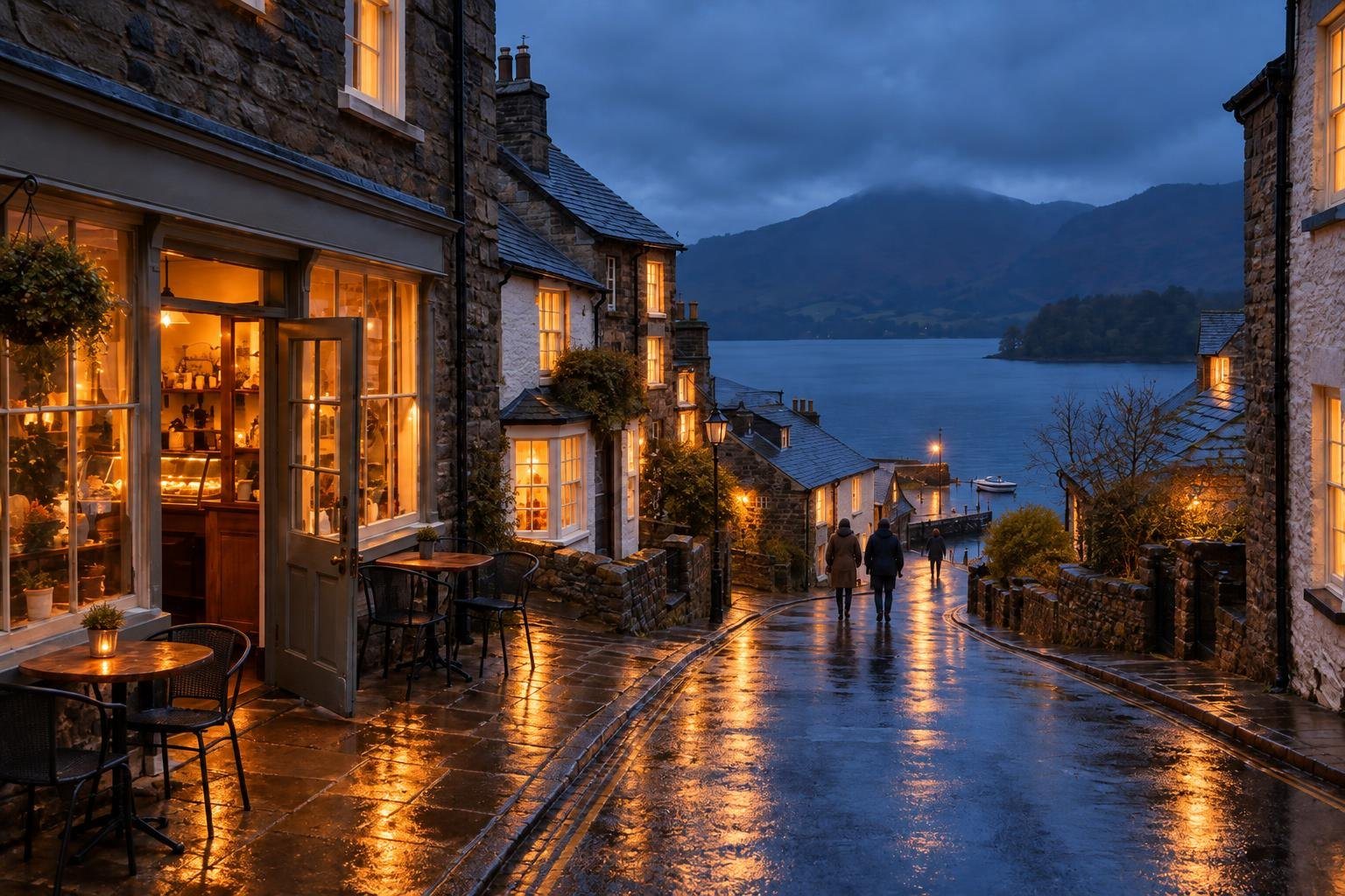 The same street at blue hour, windows lit