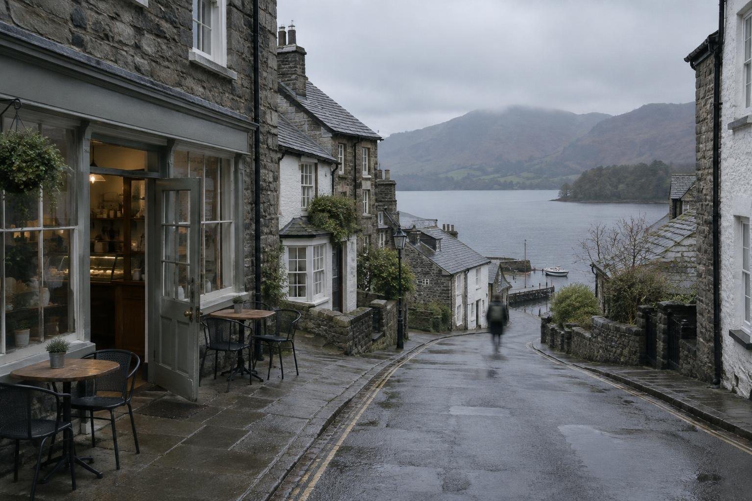 A quiet stone street on a weekday morning, a cafe door open